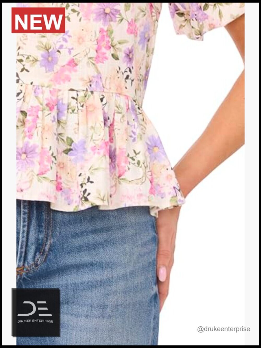 Floral Puff Sleeve Crew Neck Peplum Top Blouse - Picture 5 of 6